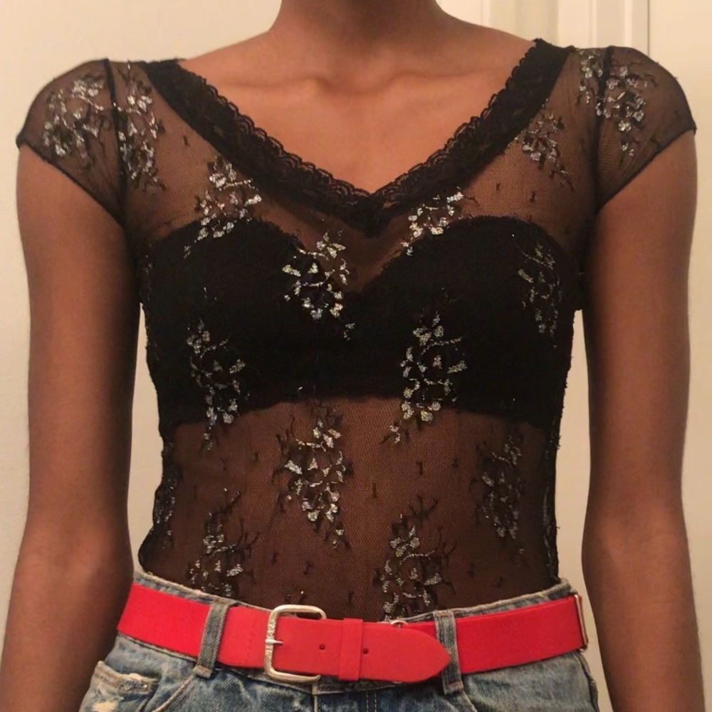 Black mesh top w/silver & lace detailing